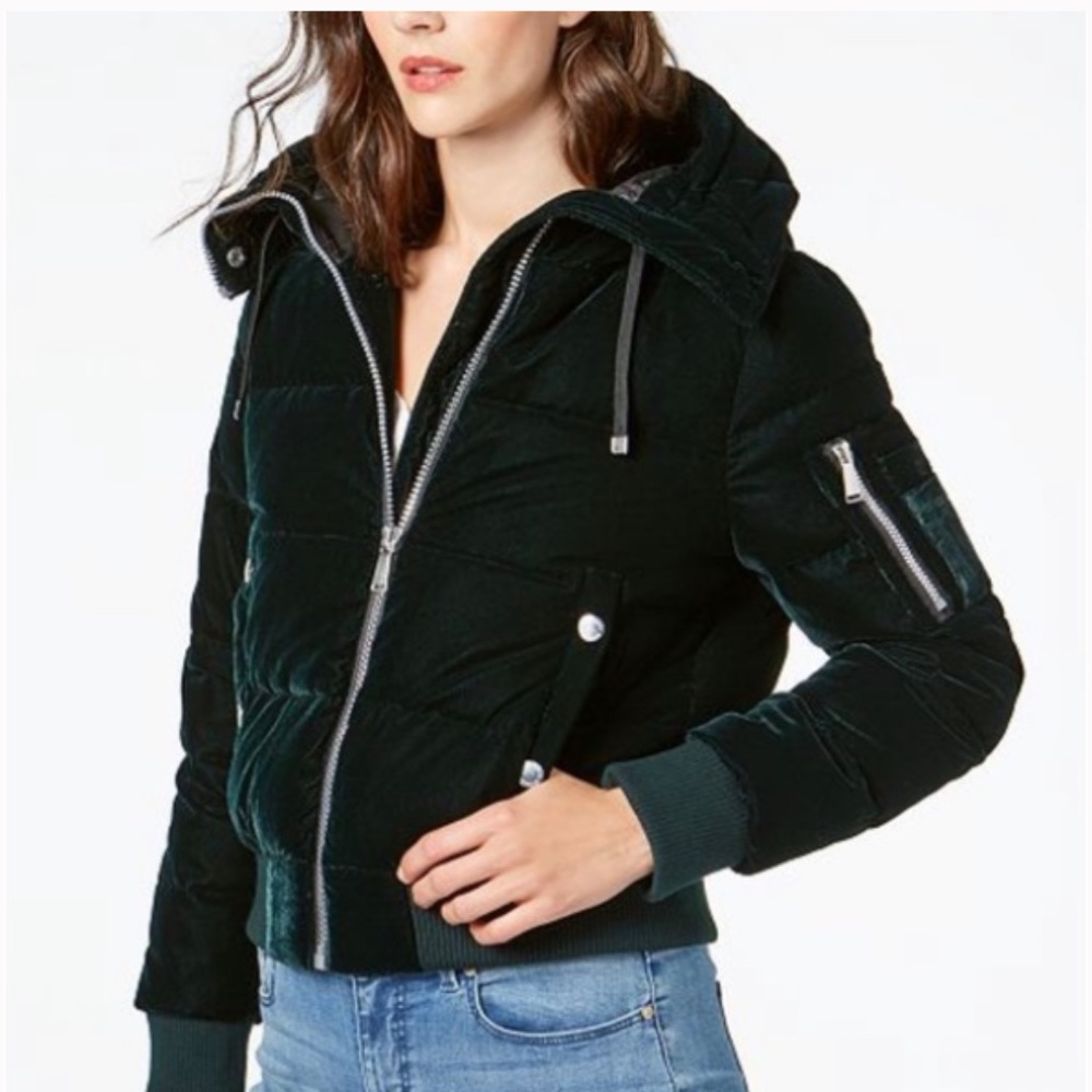 BCBG GENERATION VELVET HOODED BOMBER COAT Size LG Green
